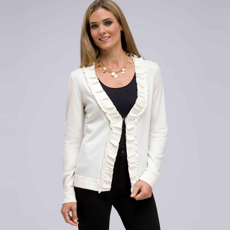Long Sleeve Ruffle Front Cardigan, Sugar, large image number 0